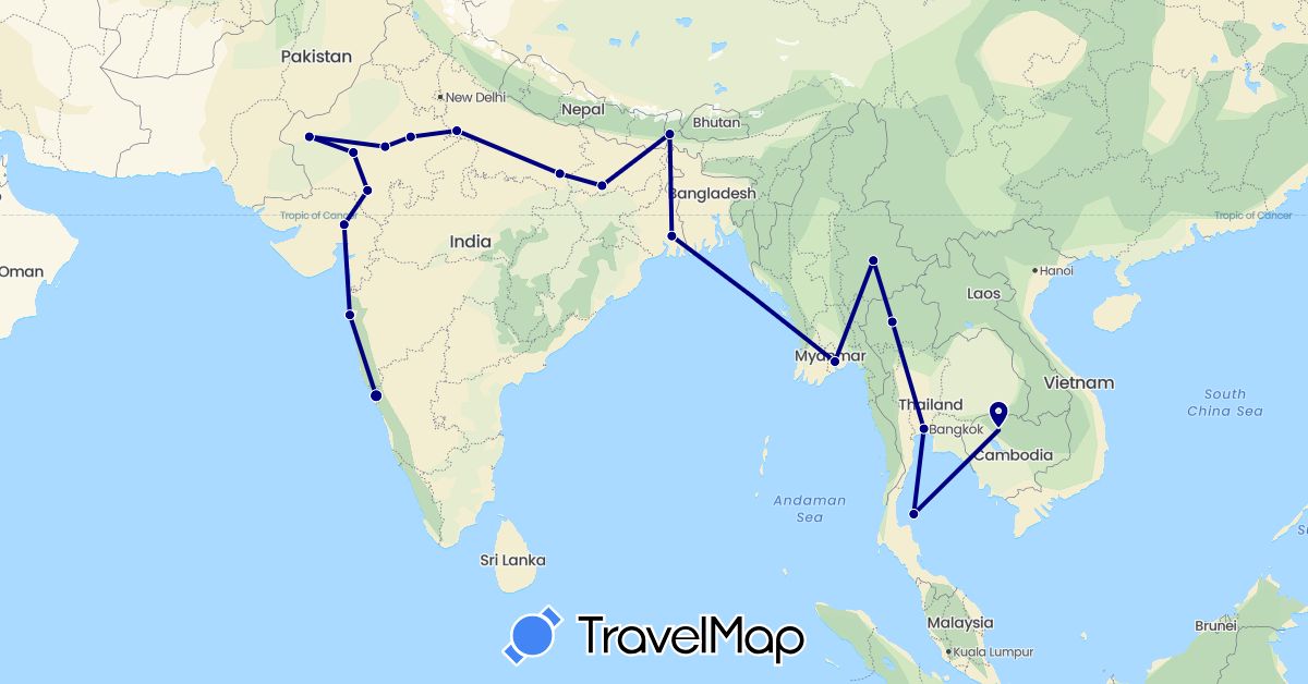 TravelMap itinerary: driving in India, Cambodia, Myanmar (Burma), Thailand (Asia)